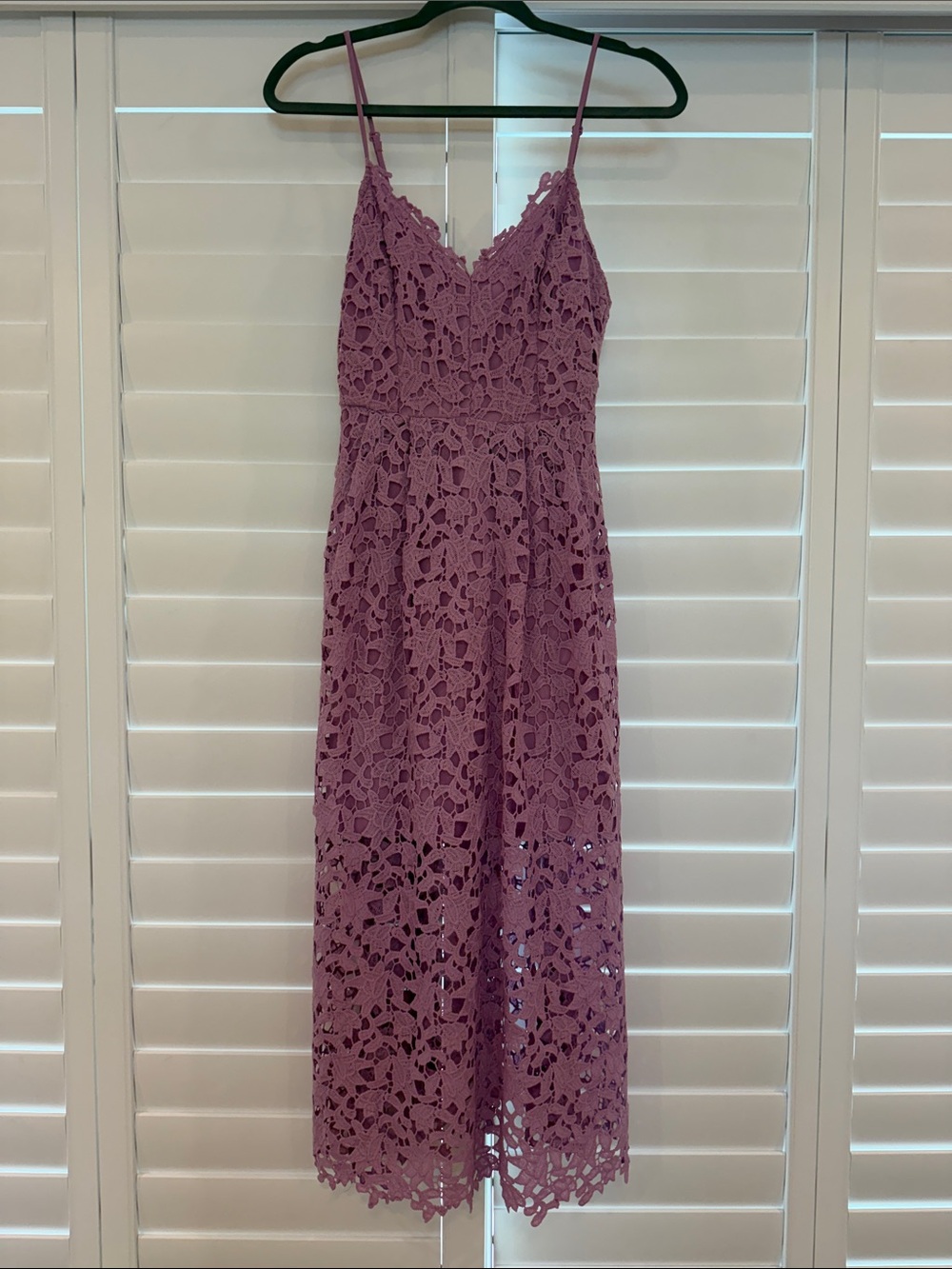 Astr Lavender Lace Midi Dress with Spaghetti Straps